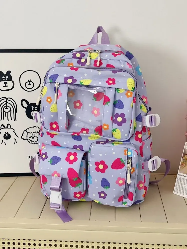 Tas Ransel Wanita Bahan Nylon Motif Print Warna Ungu Bentuk Kotak Tali Lebar Grosir Import