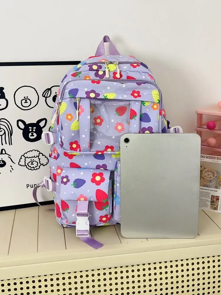Tas Ransel Wanita Bahan Nylon Motif Print Warna Ungu Bentuk Kotak Tali Lebar Grosir Import