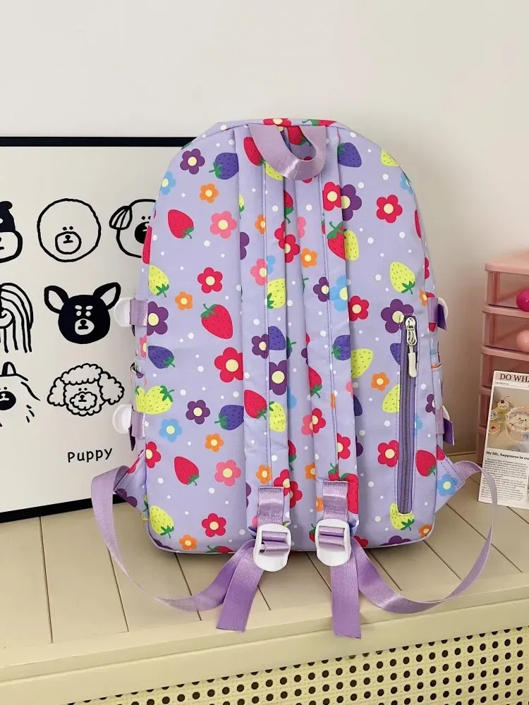 Tas Ransel Wanita Bahan Nylon Motif Print Warna Ungu Bentuk Kotak Tali Lebar Grosir Import