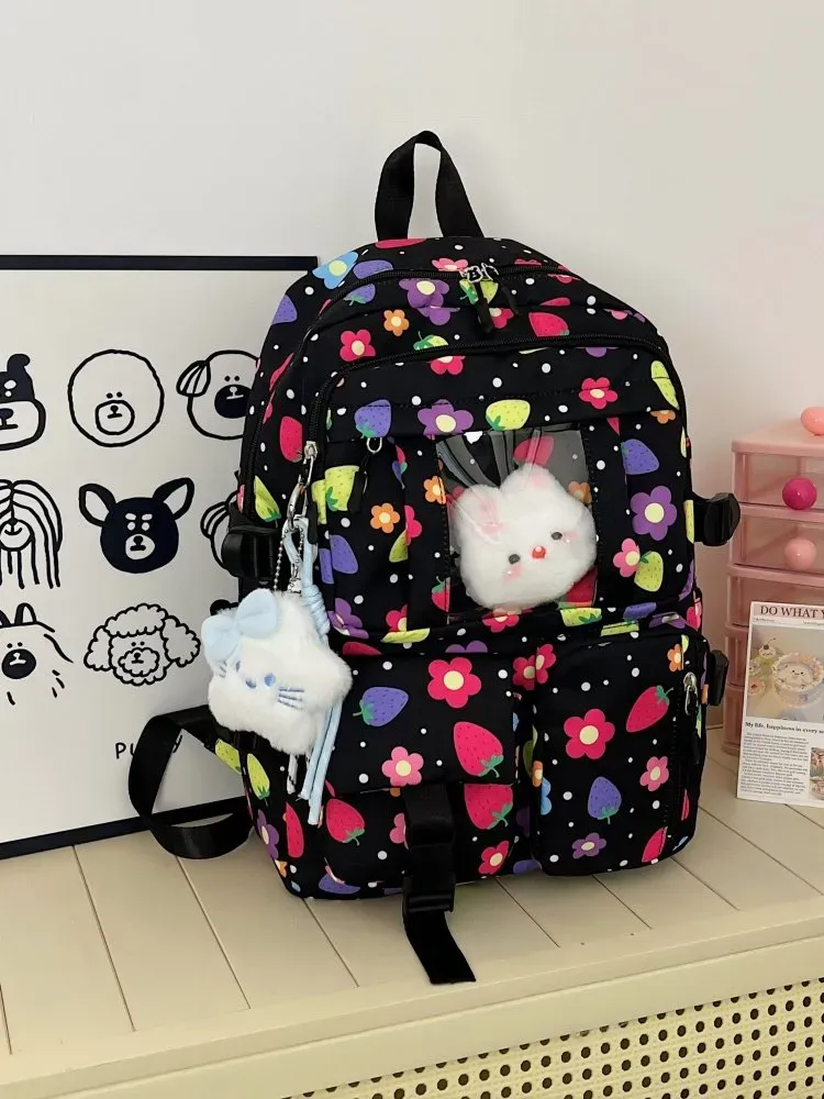 Tas Ransel Wanita Bahan Nylon Motif Print Warna Ungu Bentuk Kotak Tali Lebar Grosir Import
