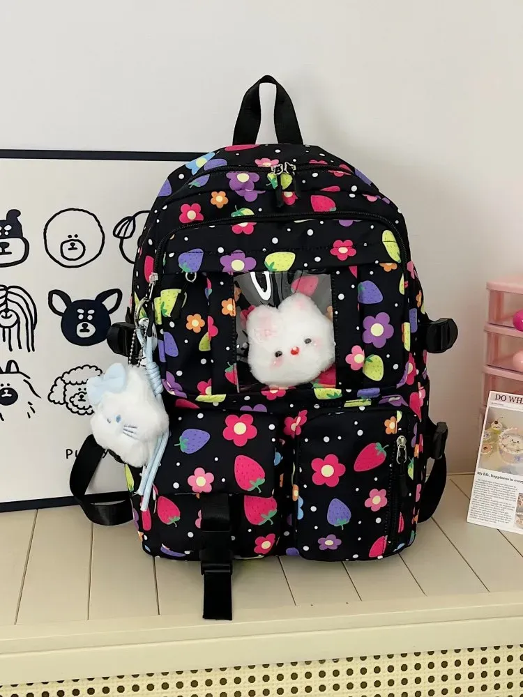Tas Ransel Wanita Bahan Nylon Motif Print Warna Ungu Bentuk Kotak Tali Lebar Grosir Import