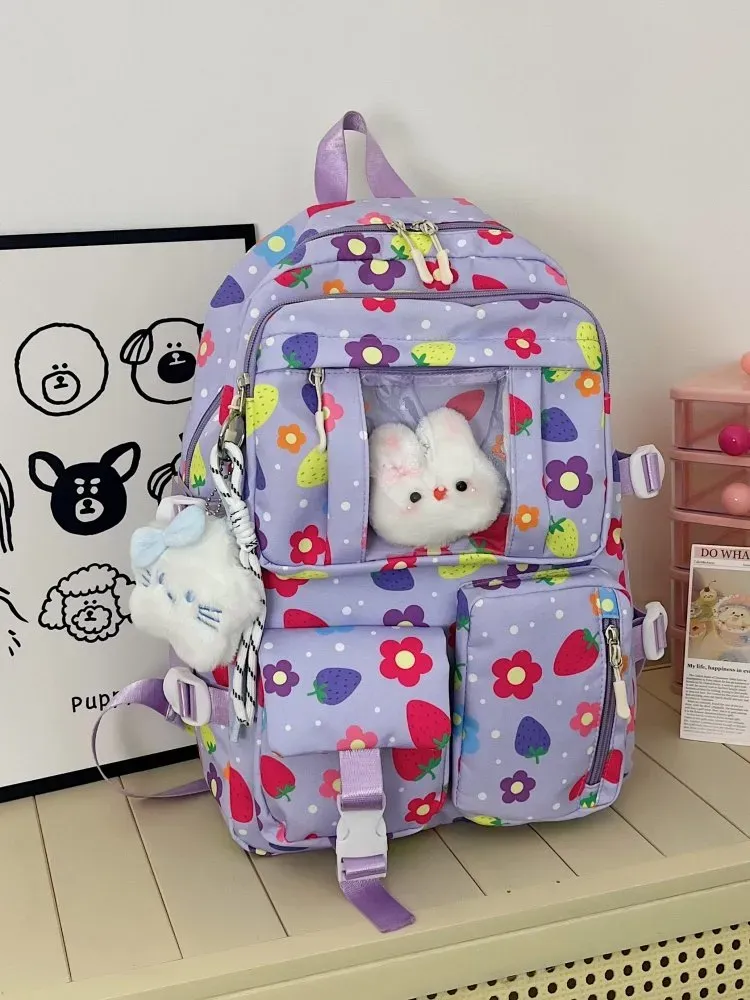 Tas Ransel Wanita Bahan Nylon Motif Print Warna Ungu Bentuk Kotak Tali Lebar Grosir Import