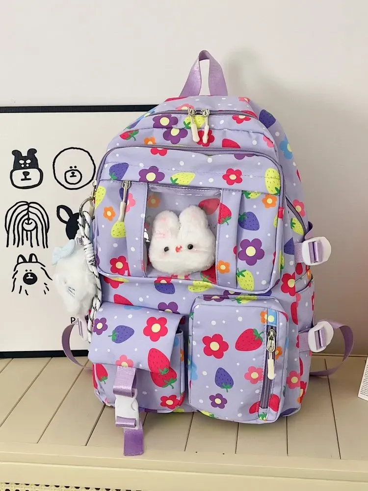 Tas Ransel Wanita Bahan Nylon Motif Print Warna Ungu Bentuk Kotak Tali Lebar Grosir Import