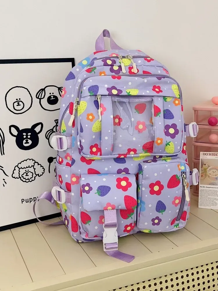 Tas Ransel Wanita Bahan Nylon Motif Print Warna Ungu Bentuk Kotak Tali Lebar Grosir Import