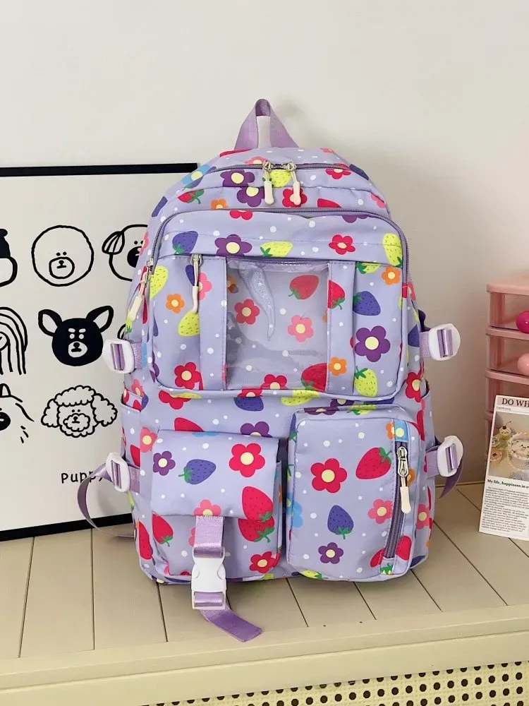 Tas Ransel Wanita Bahan Nylon Motif Print Warna Ungu Bentuk Kotak Tali Lebar Grosir Import