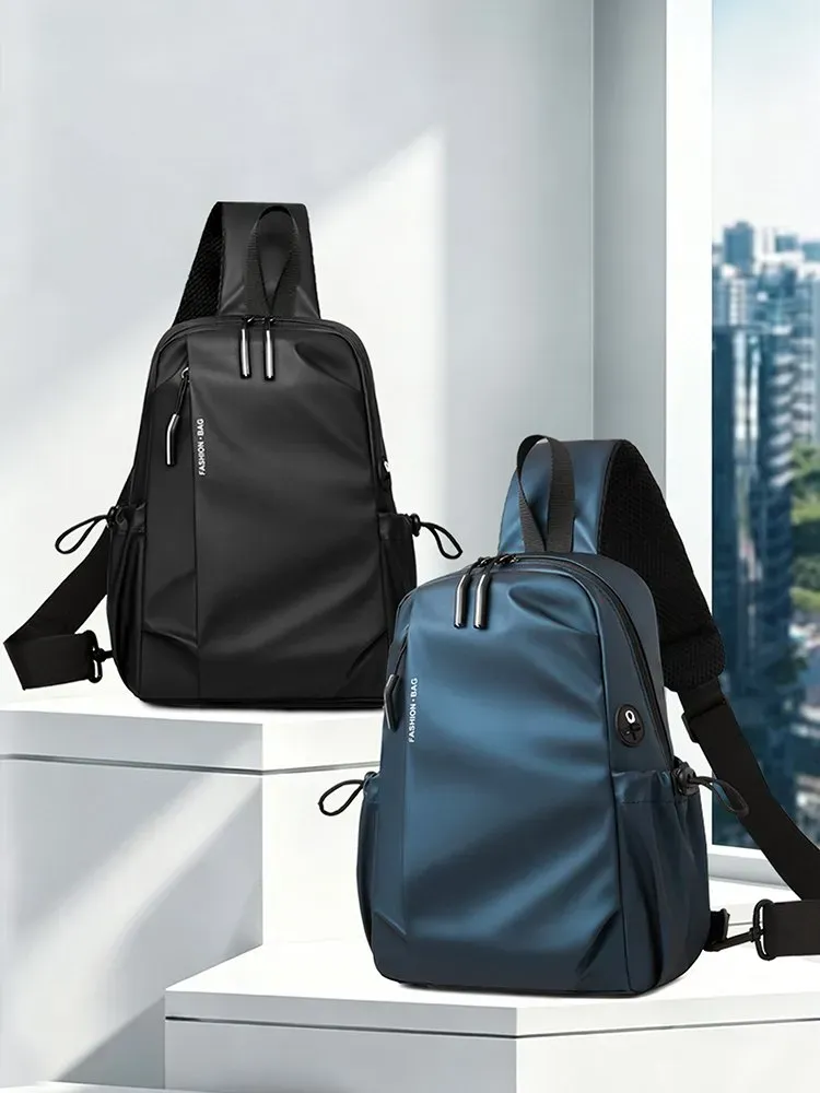 Tas Selempang Pria Bahan Nylon Polos Warna Biru Bentuk Kotak Tali Lebar Resleting Grosir Import