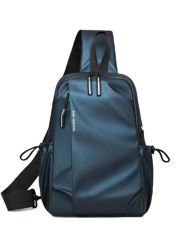 Tas Selempang Pria Bahan Nylon Polos Warna Biru Bentuk Kotak Tali Lebar Resleting Grosir Import