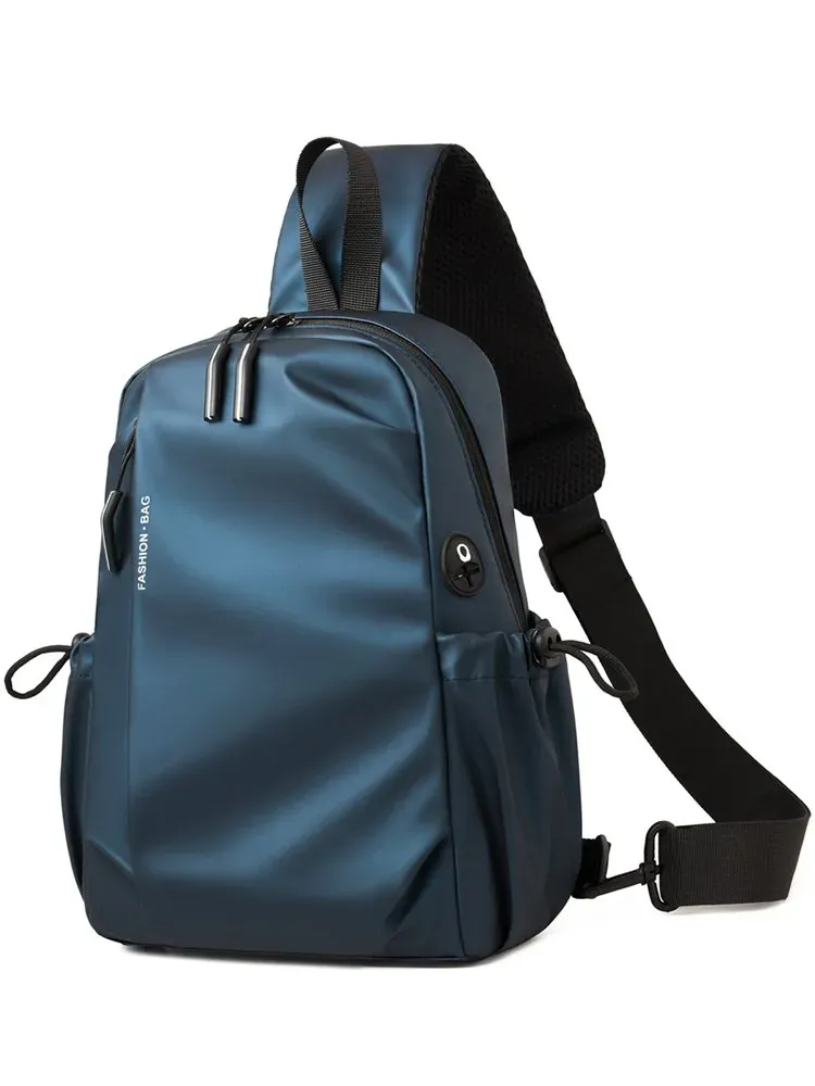 Tas Selempang Pria Bahan Nylon Polos Warna Biru Bentuk Kotak Tali Lebar Resleting Grosir Import