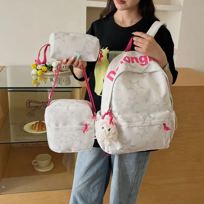 Tas Ransel Wanita Bahan Nylon Polos Warna Merah Bentuk Kotak Tali Rantai Grosir Import