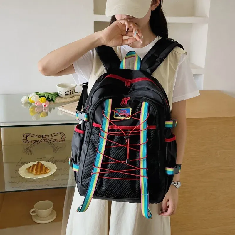 Tas Ransel Wanita Bahan Nylon Polos Warna Merah Bentuk Kotak Tali Rantai Grosir Import