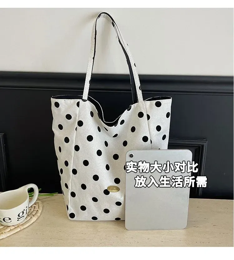 Tas Selempang Wanita Bahan Kanvas Motif Polkadot Warna Putih Bentuk Kotak Tali Grosir Import