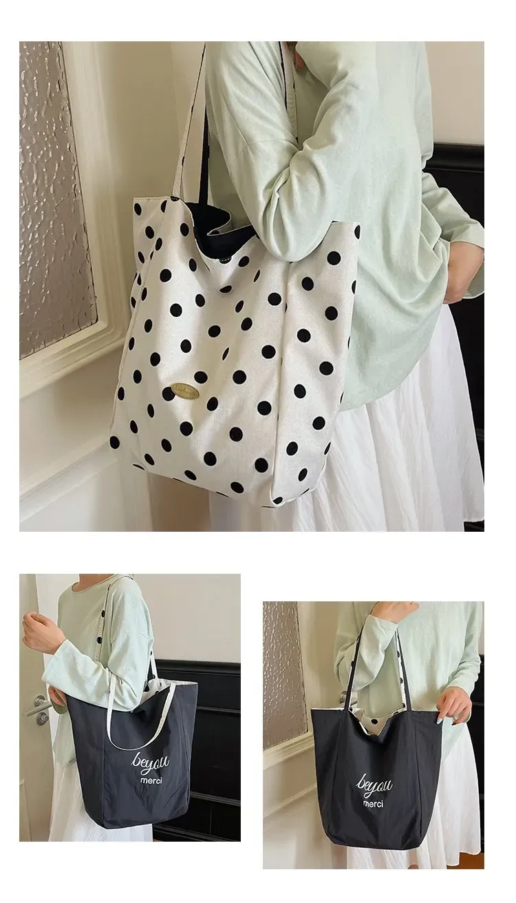 Tas Selempang Wanita Bahan Kanvas Motif Polkadot Warna Putih Bentuk Kotak Tali Grosir Import