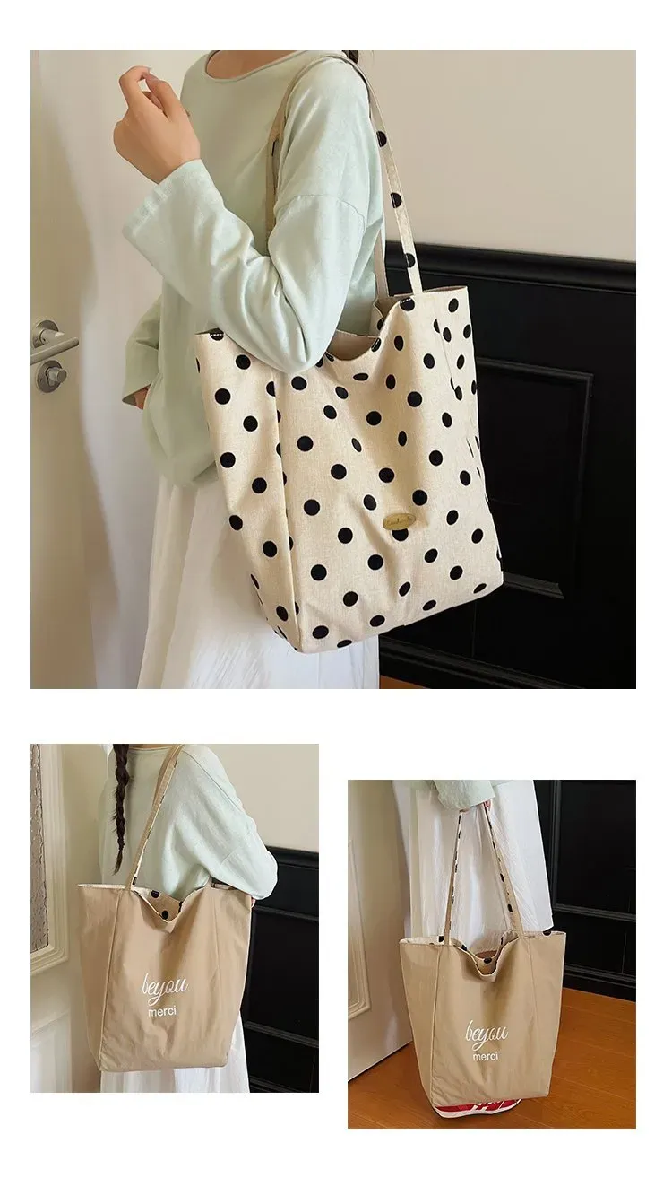 Tas Selempang Wanita Bahan Kanvas Motif Polkadot Warna Putih Bentuk Kotak Tali Grosir Import