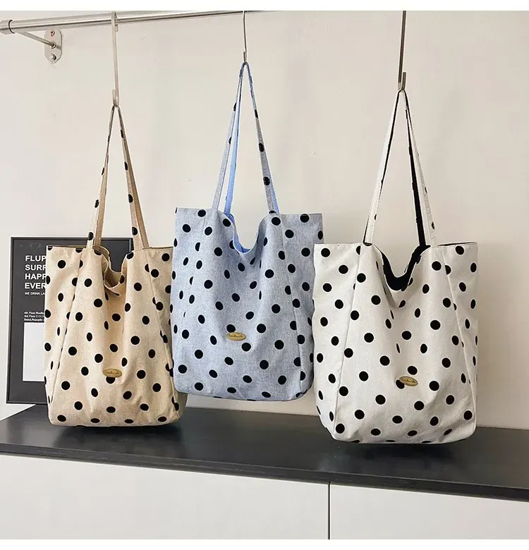 Tas Selempang Wanita Bahan Kanvas Motif Polkadot Warna Putih Bentuk Kotak Tali Grosir Import