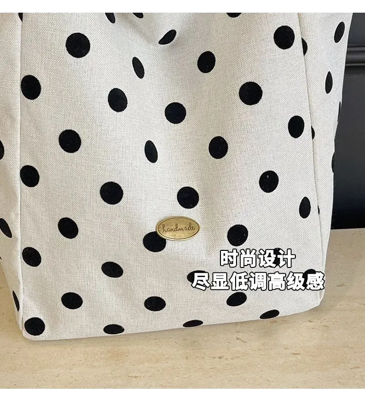 Tas Selempang Wanita Bahan Kanvas Motif Polkadot Warna Putih Bentuk Kotak Tali Grosir Import
