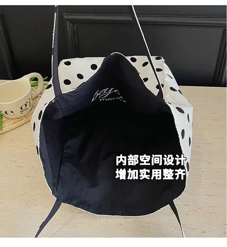 Tas Selempang Wanita Bahan Kanvas Motif Polkadot Warna Putih Bentuk Kotak Tali Grosir Import