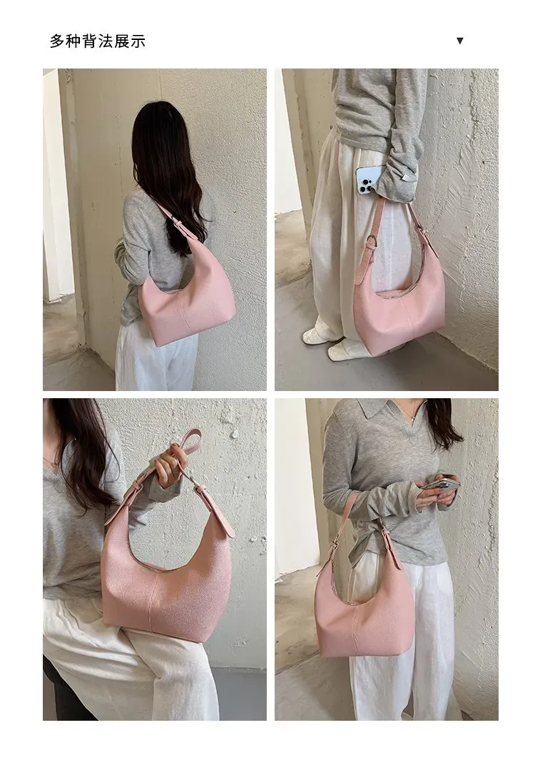 Tas Selempang Wanita Bahan PU Sintetis Polos Warna Pink Model Hobo Tali Panjang Grosir Import
