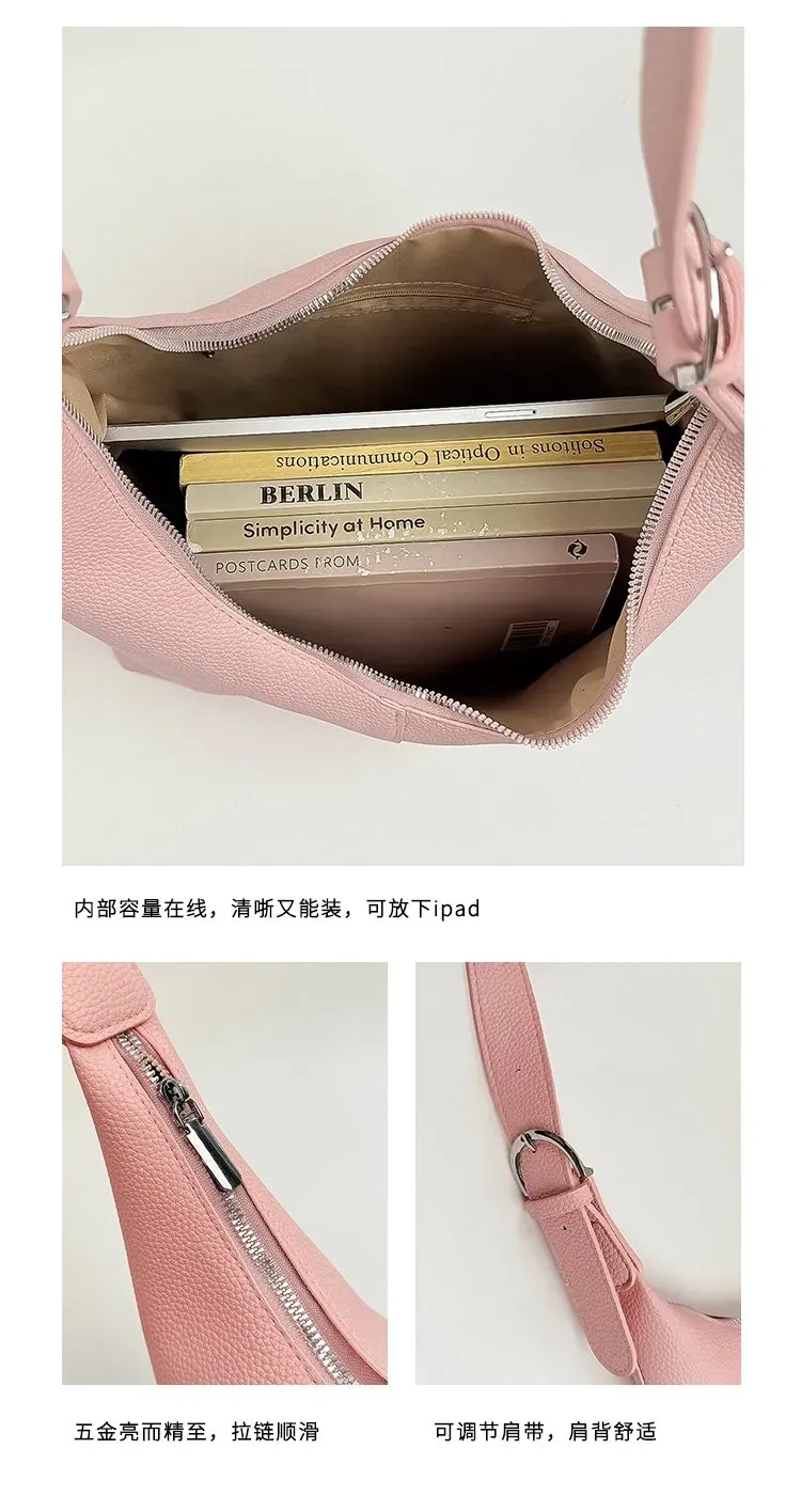 Tas Selempang Wanita Bahan PU Sintetis Polos Warna Pink Model Hobo Tali Panjang Grosir Import
