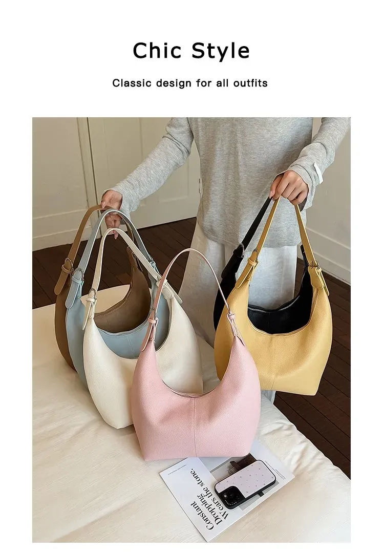 Tas Selempang Wanita Bahan PU Sintetis Polos Warna Pink Model Hobo Tali Panjang Grosir Import