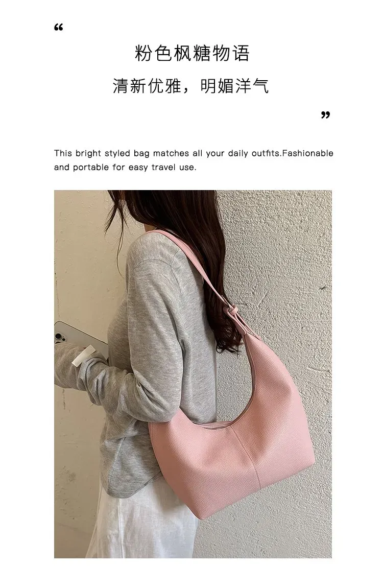 Tas Selempang Wanita Bahan PU Sintetis Polos Warna Pink Model Hobo Tali Panjang Grosir Import