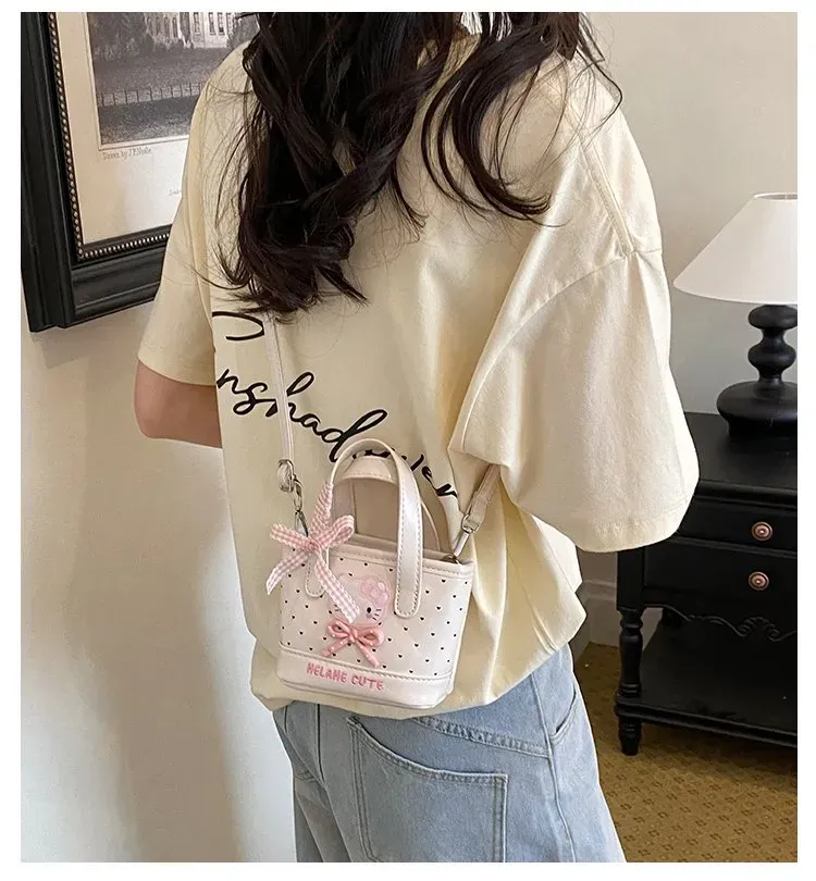 Tas Selempang Wanita Bahan PU Sintetis Motif Polkadot Warna Pink Bentuk Kotak Resleting Grosir