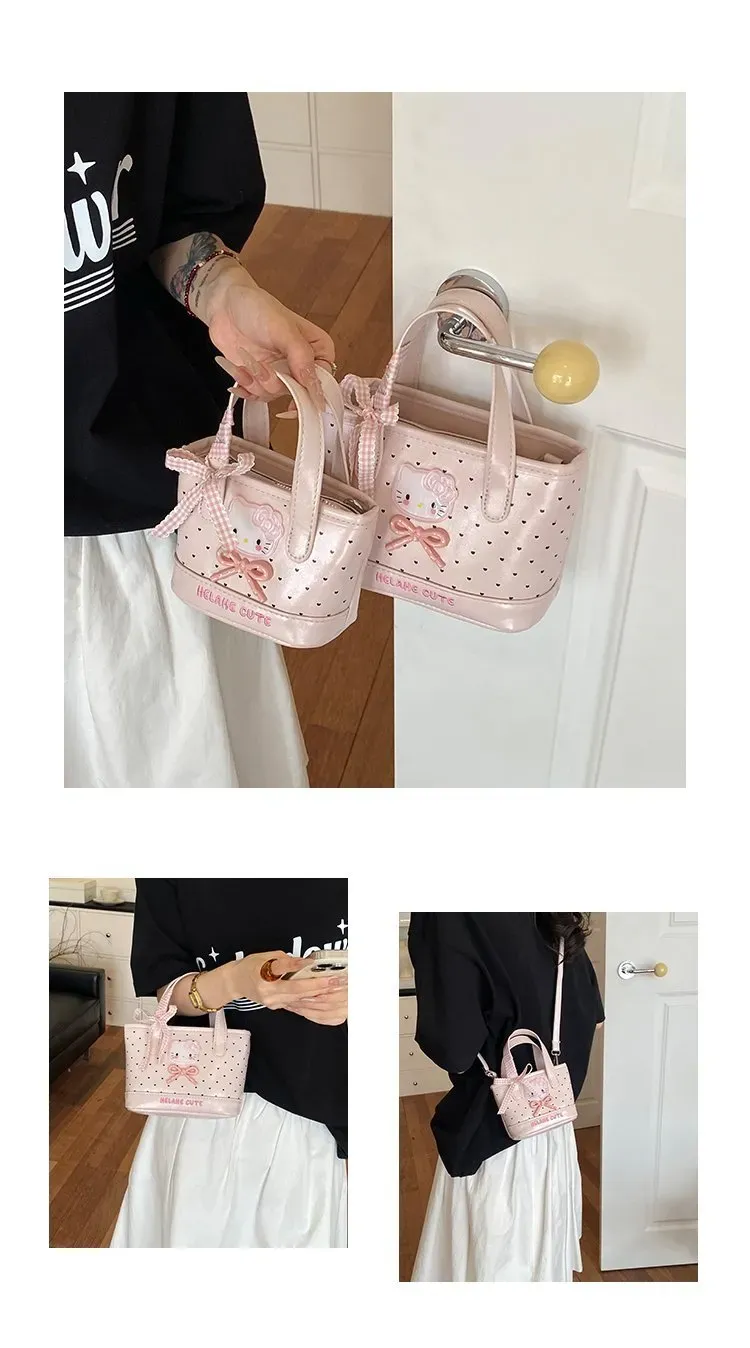 Tas Selempang Wanita Bahan PU Sintetis Motif Polkadot Warna Pink Bentuk Kotak Resleting Grosir
