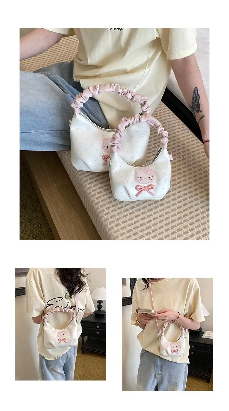 Tas Selempang Wanita Bahan PU Sintetis Motif Polkadot Warna Putih Model Hobo Grosir Import