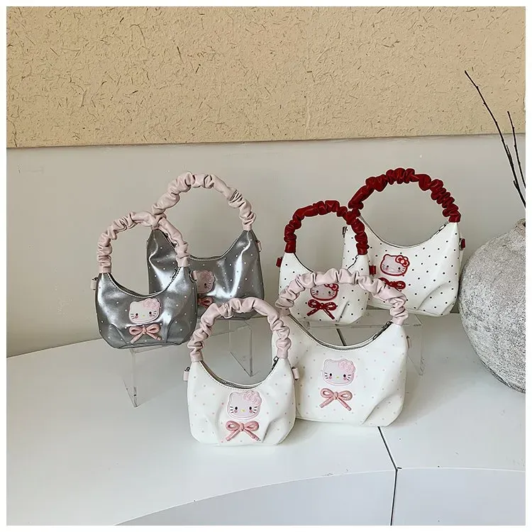 Tas Selempang Wanita Bahan PU Sintetis Motif Polkadot Warna Putih Model Hobo Grosir Import