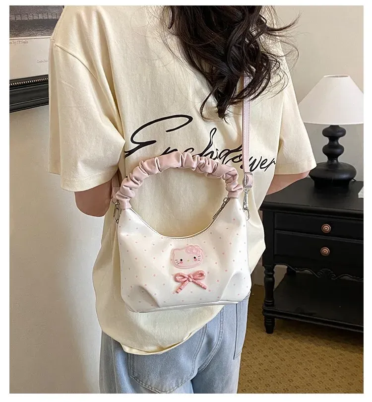 Tas Selempang Wanita Bahan PU Sintetis Motif Polkadot Warna Putih Model Hobo Grosir Import