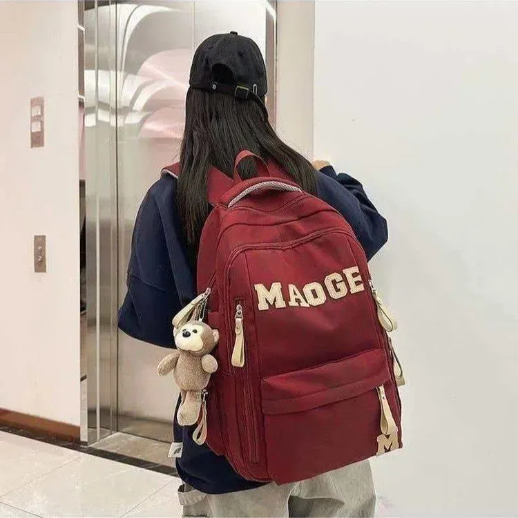 Tas Ransel Wanita Bahan Nylon Polos Warna Merah Bentuk Kotak Tali Lebar untuk Reseller