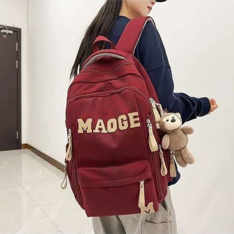 Tas Ransel Wanita Bahan Nylon Polos Warna Merah Bentuk Kotak Tali Lebar untuk Reseller