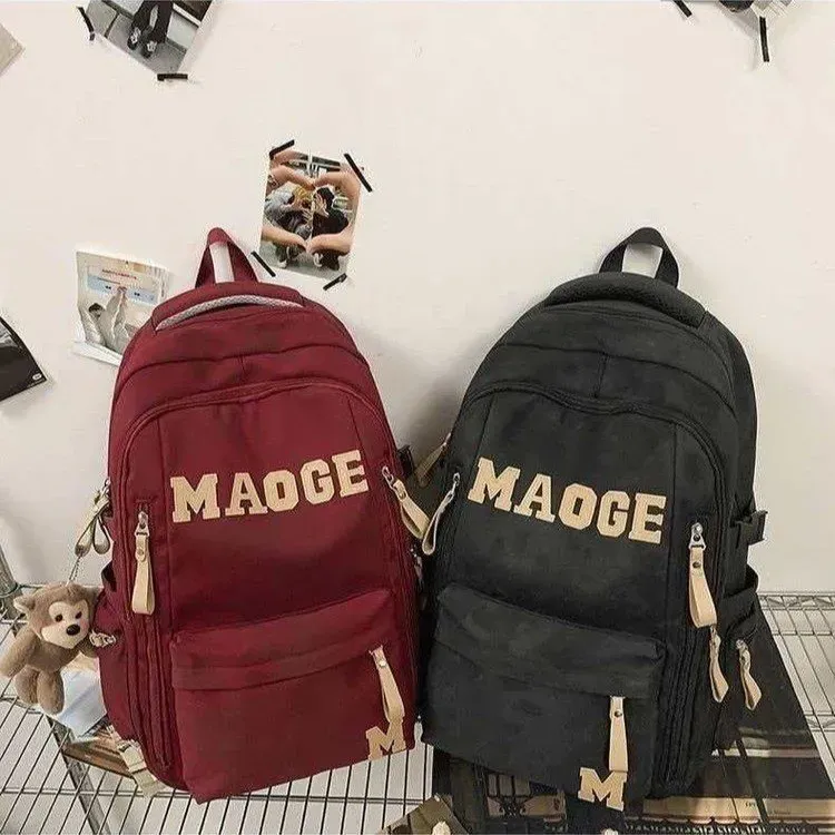 Tas Ransel Wanita Bahan Nylon Polos Warna Merah Bentuk Kotak Tali Lebar untuk Reseller