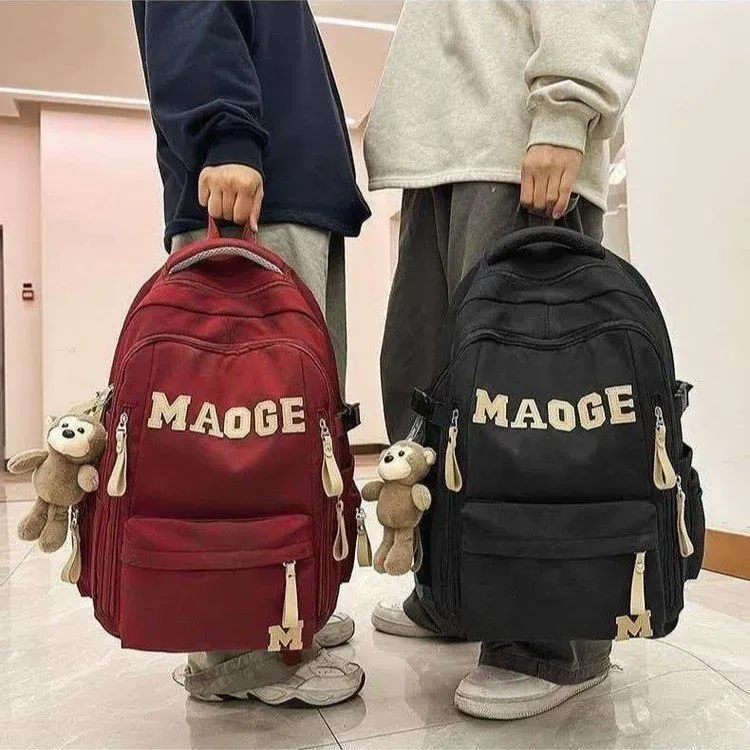 Tas Ransel Wanita Bahan Nylon Polos Warna Merah Bentuk Kotak Tali Lebar untuk Reseller