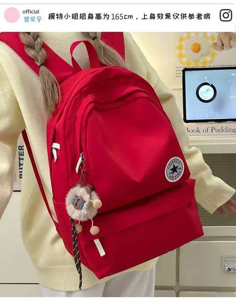 Tas Ransel Wanita Bahan Oxford Polos Warna Merah Bentuk Kotak Tali Lebar Grosir Import