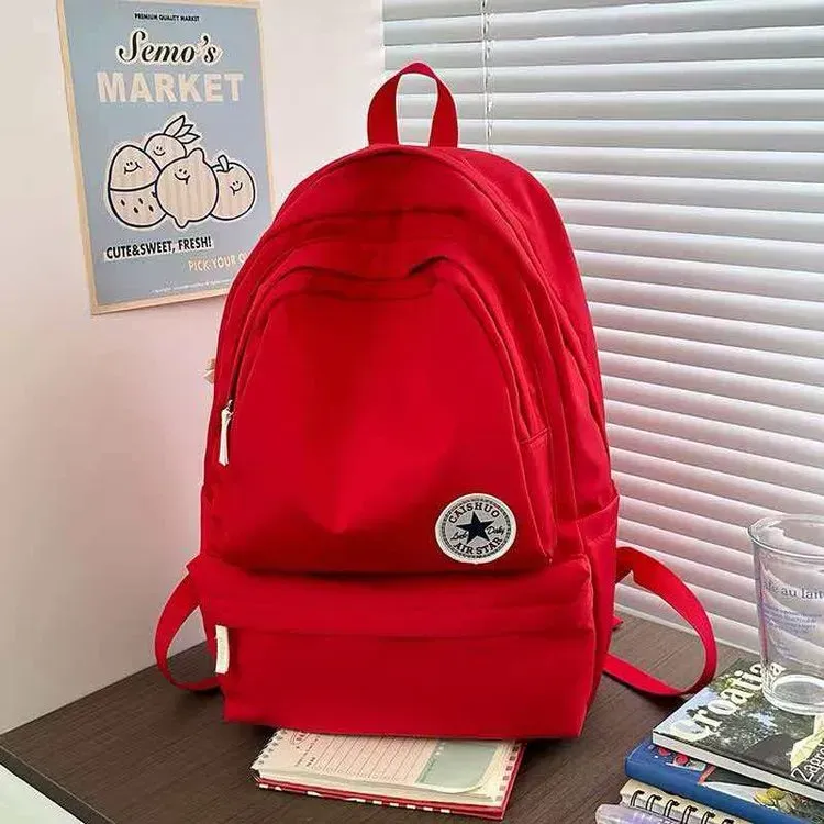 Tas Ransel Wanita Bahan Oxford Polos Warna Merah Bentuk Kotak Tali Lebar Grosir Import