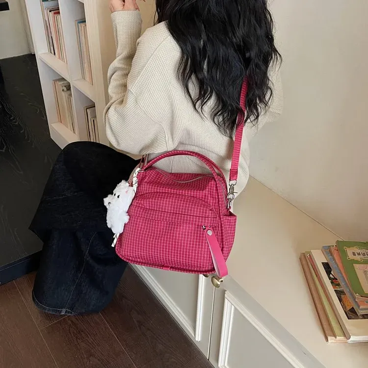 Tas Selempang Wanita Bahan Nylon Motif Grid Bentuk Kotak Tali Panjang Resleting Grosir Import
