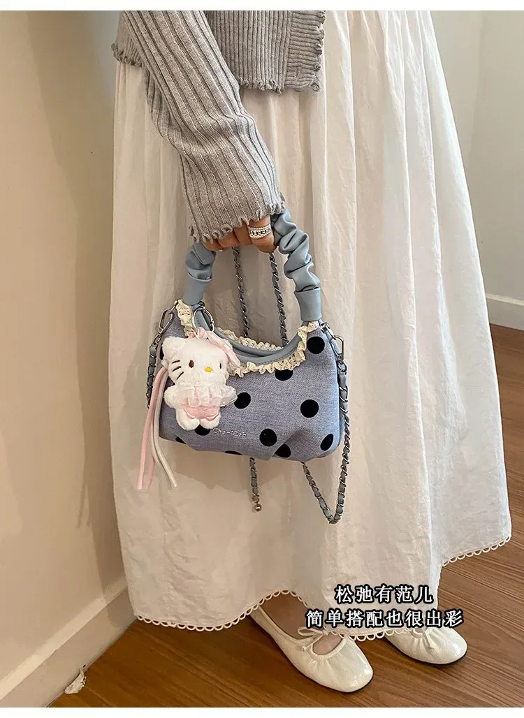 Tas Selempang Wanita Bahan PU Sintetis Motif Polkadot Bentuk Kotak Tali Panjang Model Import
