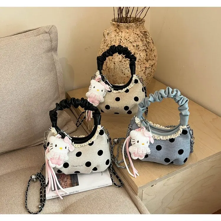 Tas Selempang Wanita Bahan PU Sintetis Motif Polkadot Bentuk Kotak Tali Panjang Model Import