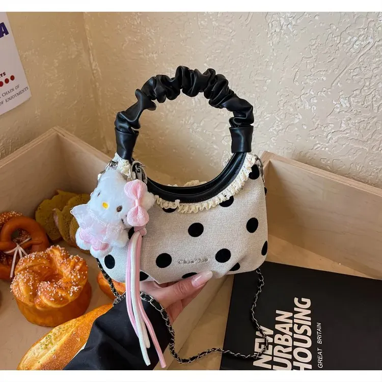 Tas Selempang Wanita Bahan PU Sintetis Motif Polkadot Bentuk Kotak Tali Panjang Model Import