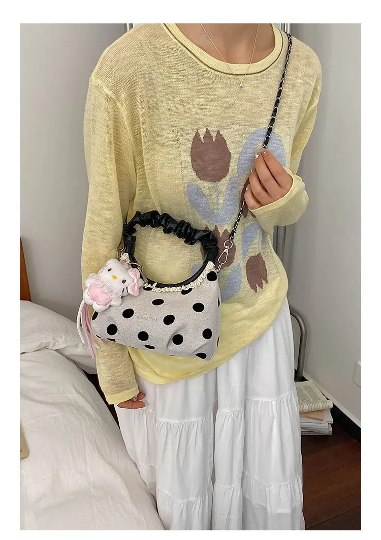 Tas Selempang Wanita Bahan PU Sintetis Motif Polkadot Bentuk Kotak Tali Panjang Model Import