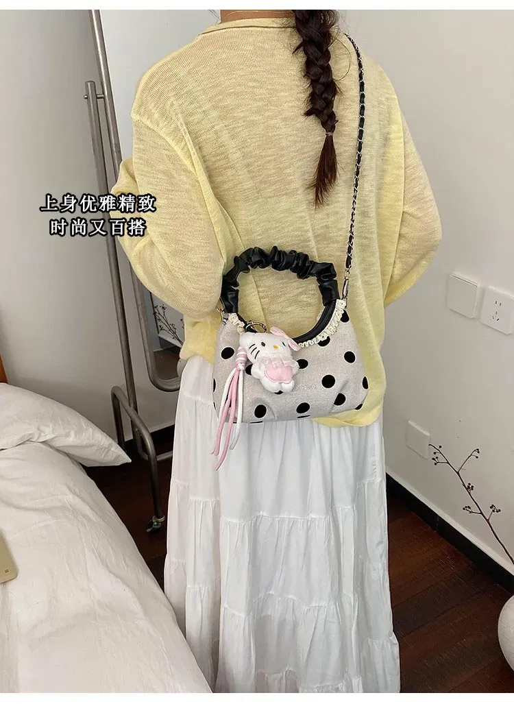Tas Selempang Wanita Bahan PU Sintetis Motif Polkadot Bentuk Kotak Tali Panjang Model Import