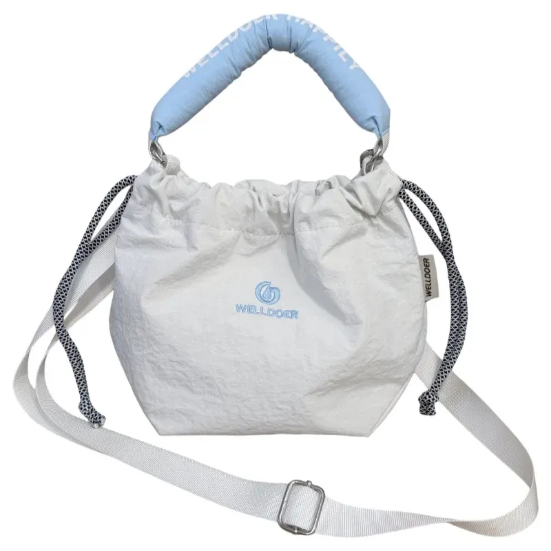Tas Bucket Wanita Bahan Nylon Polos Warna Putih Bentuk Bucket Tali Panjang Grosir Import