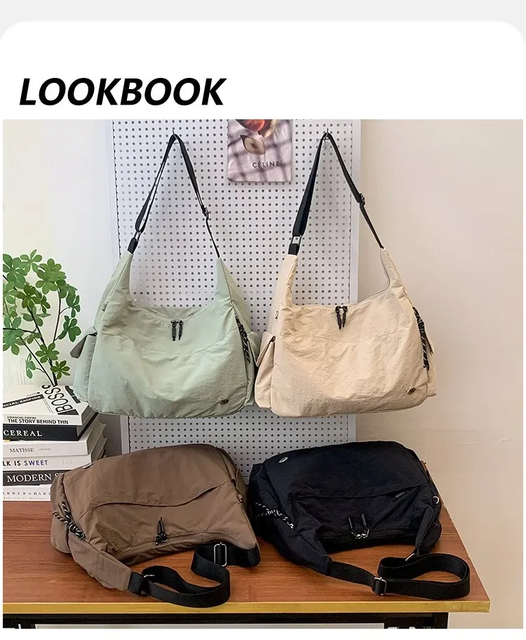 Tas Selempang Wanita Bahan Nylon Polos Warna Hitam Model Hobo Tali Panjang Grosir Import