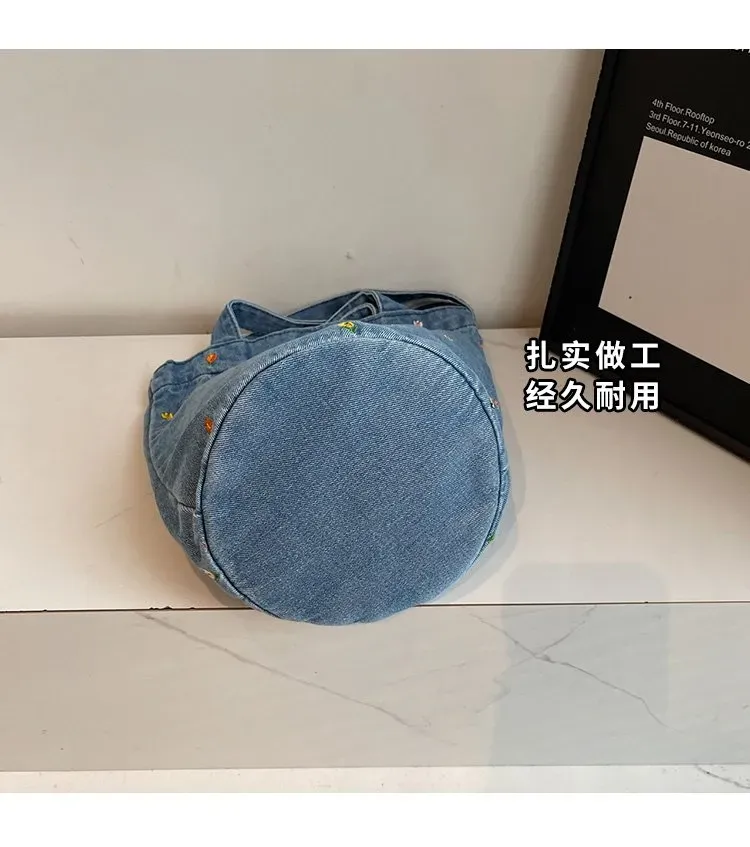 Tas Bucket Wanita Bahan PU Sintetis Motif Print Warna Biru Bentuk Bucket Tali Grosir Import
