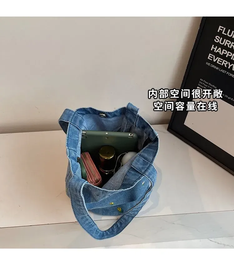 Tas Bucket Wanita Bahan PU Sintetis Motif Print Warna Biru Bentuk Bucket Tali Grosir Import
