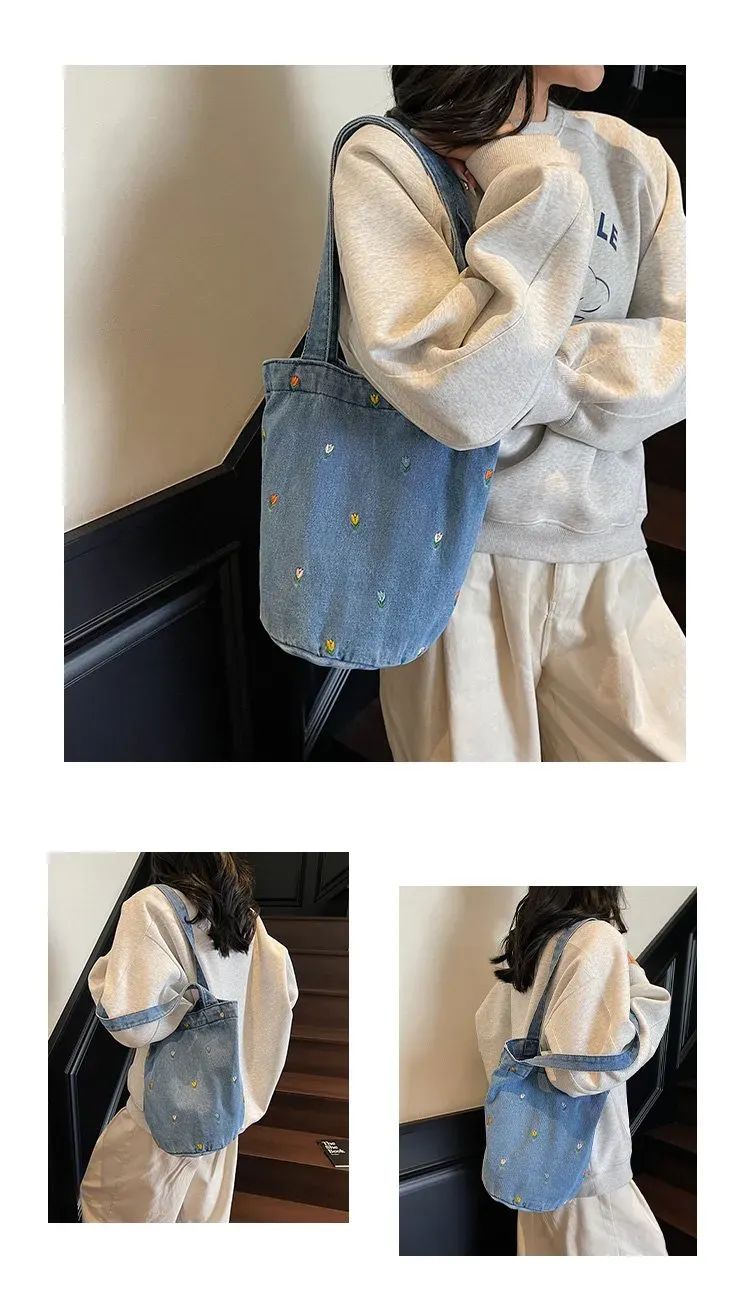 Tas Bucket Wanita Bahan PU Sintetis Motif Print Warna Biru Bentuk Bucket Tali Grosir Import