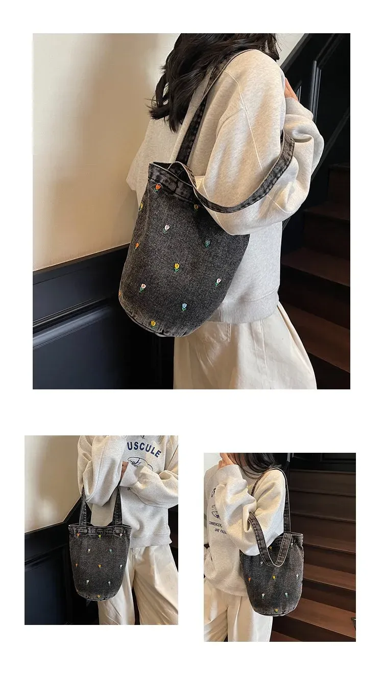 Tas Bucket Wanita Bahan PU Sintetis Motif Print Warna Biru Bentuk Bucket Tali Grosir Import