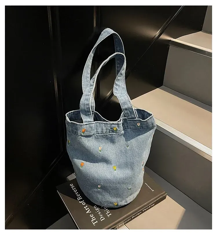 Tas Bucket Wanita Bahan PU Sintetis Motif Print Warna Biru Bentuk Bucket Tali Grosir Import