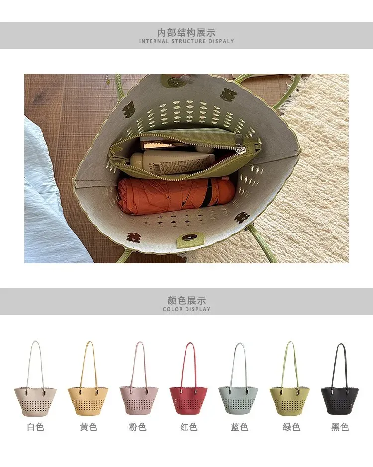 Tas Bucket Wanita Bahan PU Sintetis Motif Lubang Berbentuk Segitiga Warna Putih Grosir Import