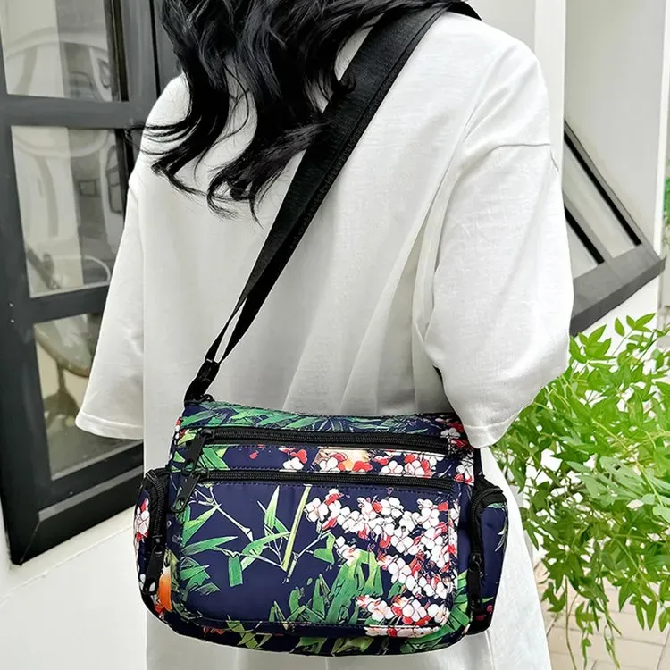 Tas Selempang Wanita Bahan Nylon Motif Floral Warna Hitam Bentuk Kotak Tali Grosir Import